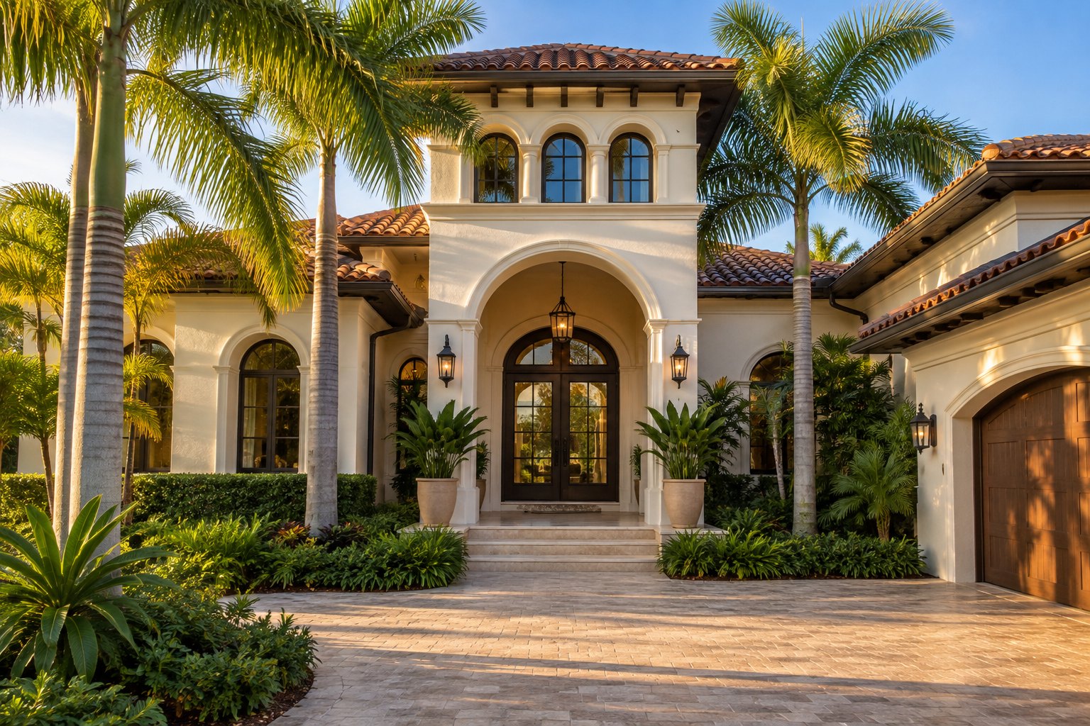 A Florida home with palms and a covered entry, illustrative