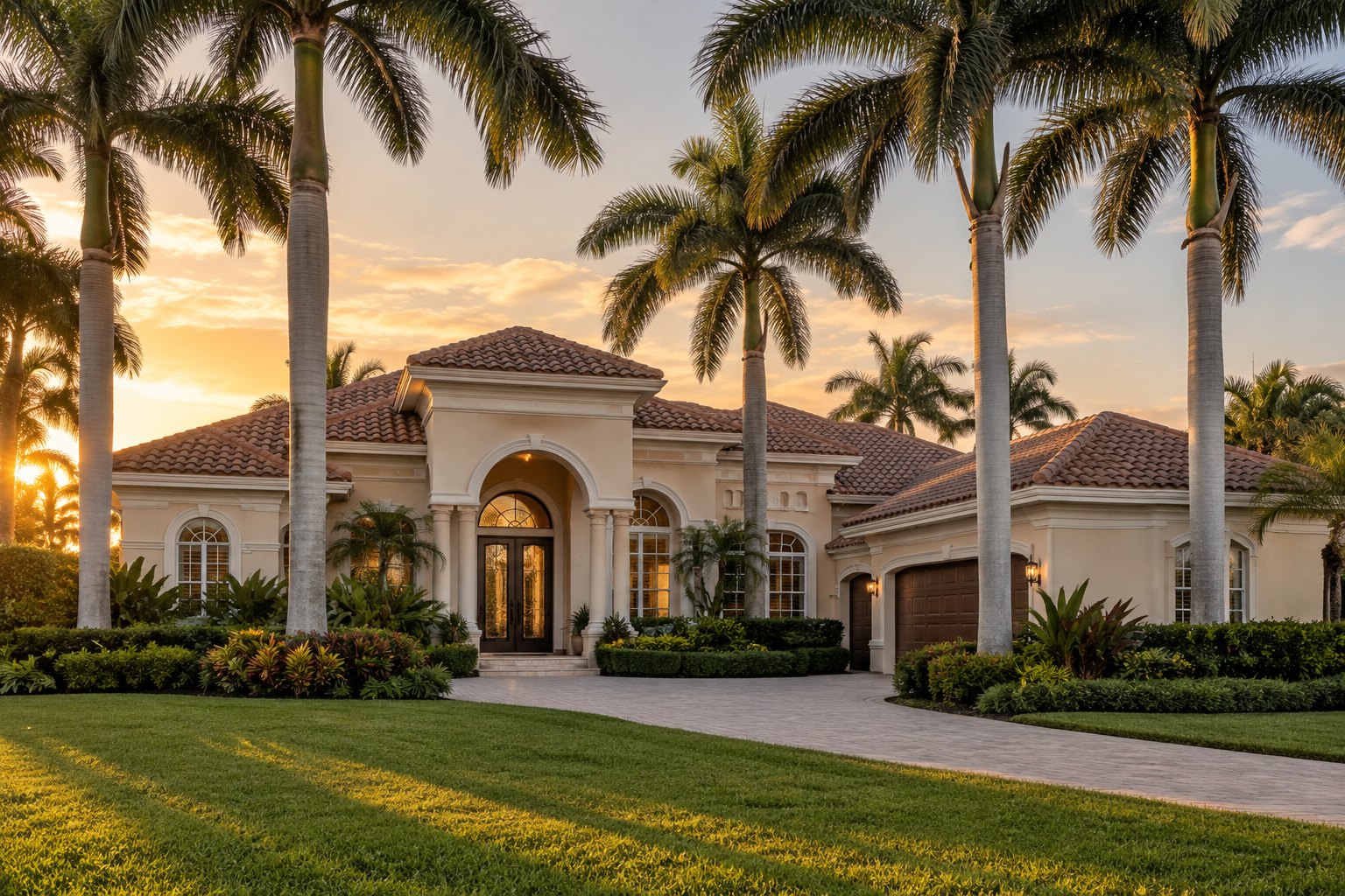 A Florida Gulf Coast home with palms and a tiled roof, illustrative