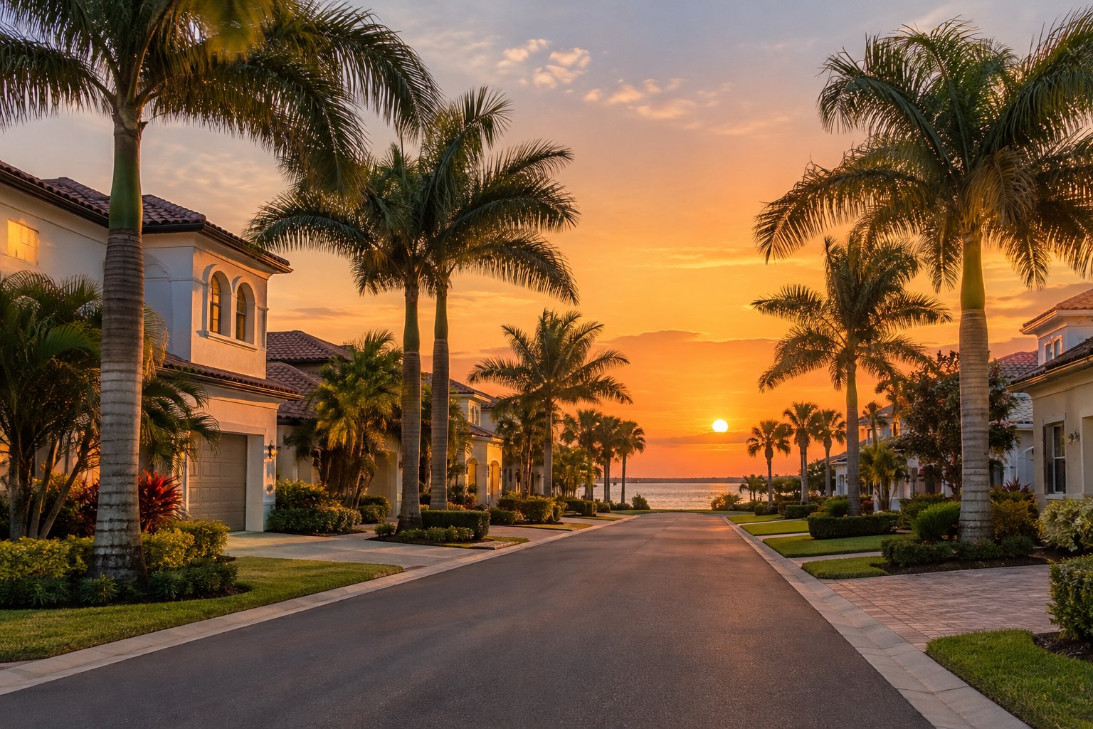 A palm lined residential street at sunset in Florida, illustrative