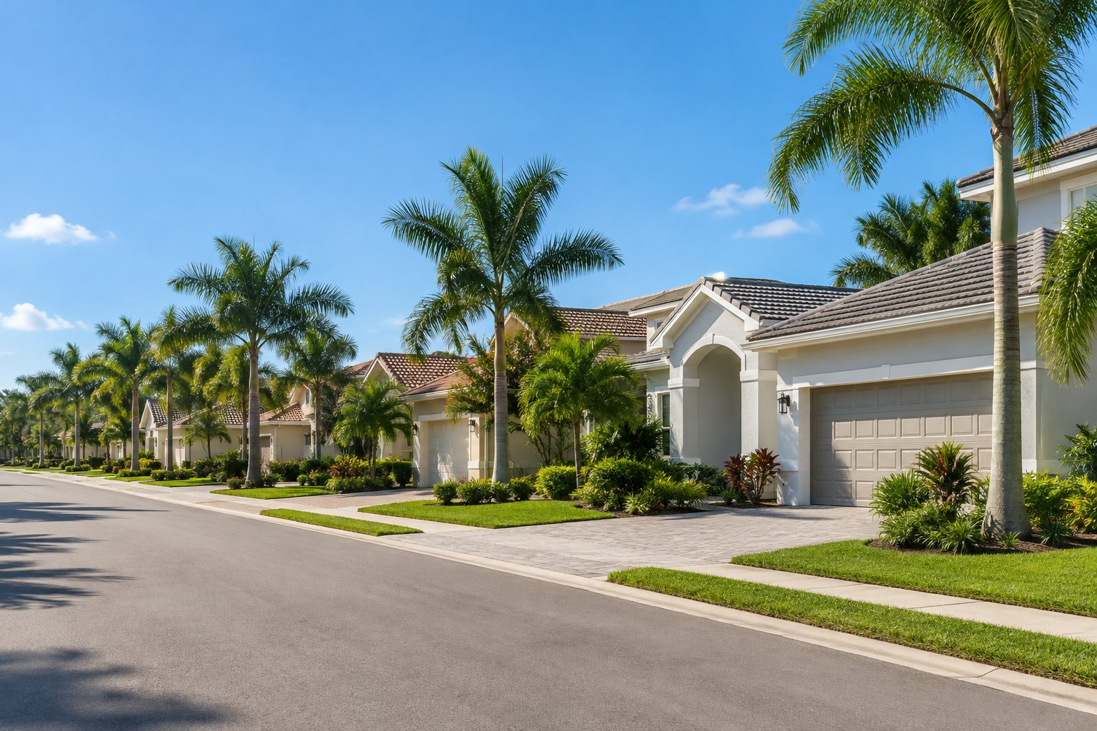 Homes along a palm lined Florida street, illustrative
