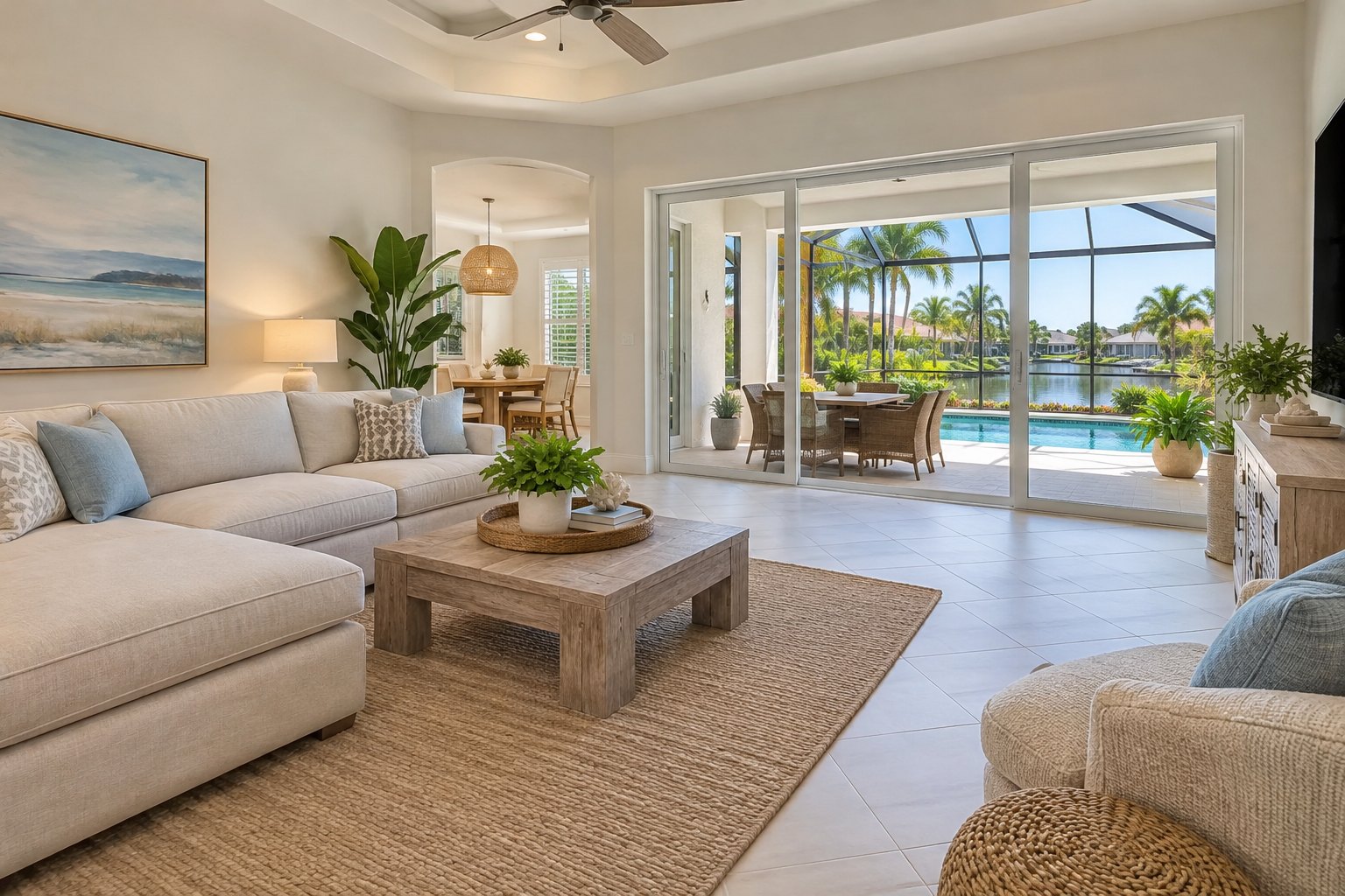 A cozy sunlit Florida family room, illustrative
